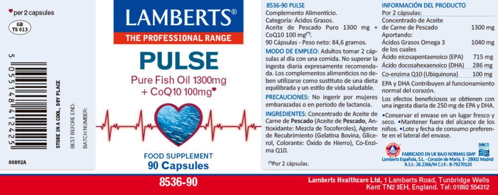 Etiqueta de Pulse con Omega 3 y CoQ10 de Lamberts con sus propiedades e indicaciones