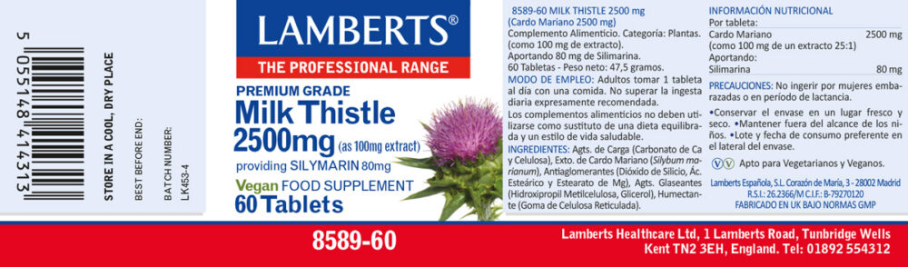 Etiqueta del Cardo Mariano 2500 mg Lamberts con sus propiedades e indicaciones