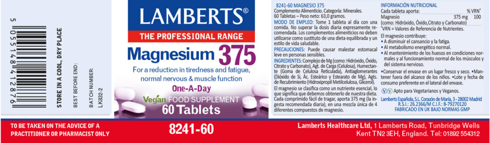 Etiqueta del Magnesio 375 mg de Lamberts con sus indicaciones y propiedades. 60 tabletas