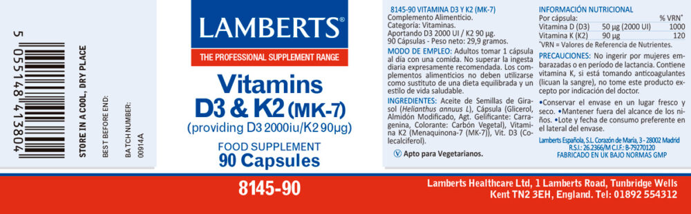 Etiqueta de la Vitamina D3 con K2 de Lamberts con sus propiedades e indicaciones