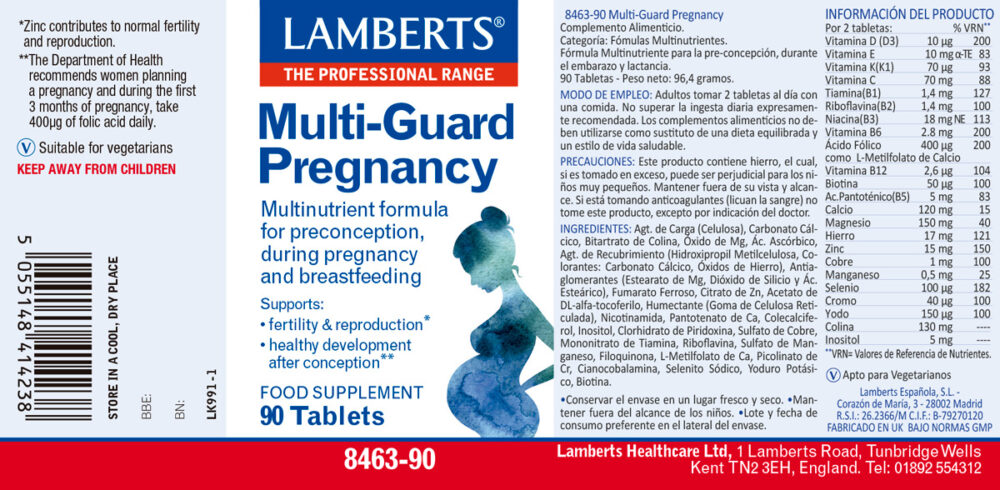 Etiqueta del Multi-Guard Pregnancy de Lamberts con sus propiedades e indicaciones