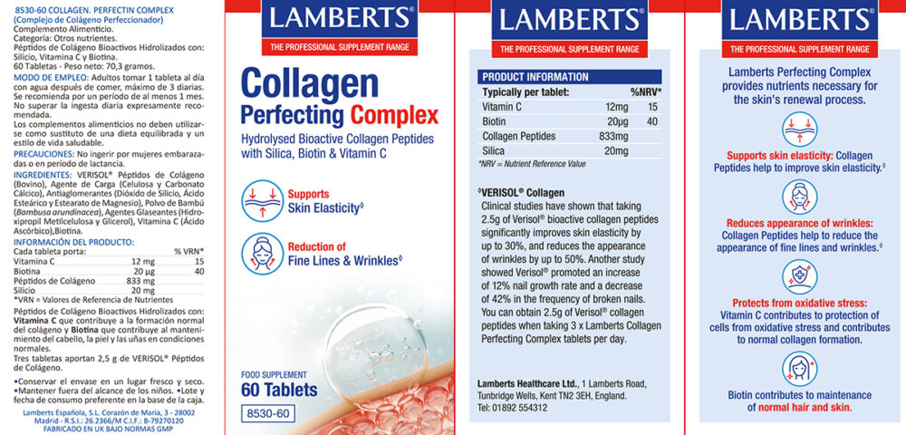 Etiqueta prospecto del Complejo perfeccionador de Colágeno Lamberts con sus propiedades e indicaciones