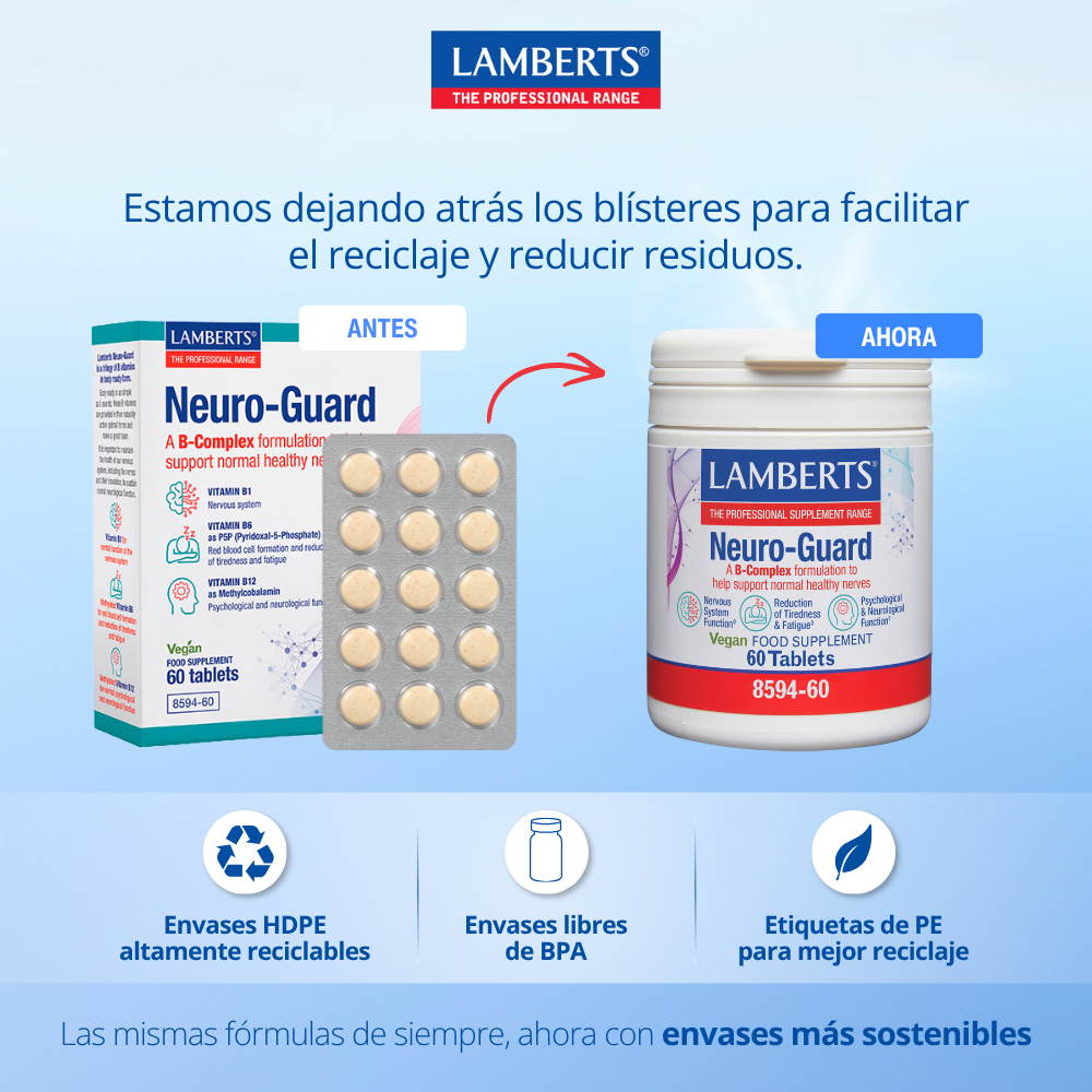 Cambio de blister a bote para ayuda reciclaje, Lamberts. 8594