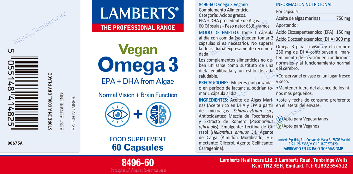 Etiqueta del Omega 3 vegano lamberts con sus propiedades e indicaciones. 60 cápsulas