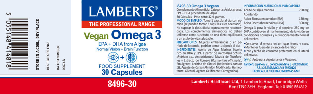 Etiqueta del Omega 3 vegano lamberts con sus propiedades e indicaciones
