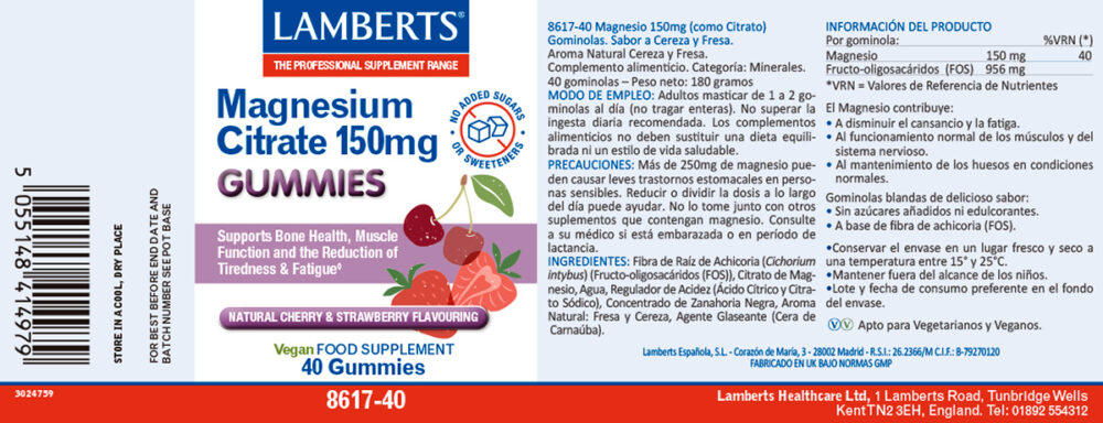 Etiqueta del Magnesio 150 mg en Gominolas Lamberst, con sus propiedades e indicaciones
