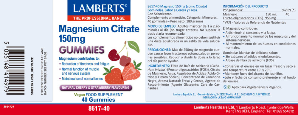 Etiqueta del Magnesio 150 mg en Gominolas Lamberst, con sus propiedades e indicaciones