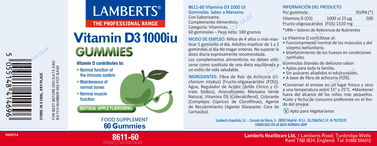 Etiqueta de la Vitamina D3 1000 iu en Gominolas lamberts con sus propiedades e indicaciones