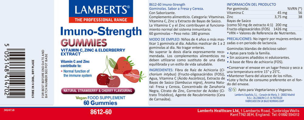 Etiqueta del Imuno-Strenght en gominolas lamberts con sus propiedades e indicaciones