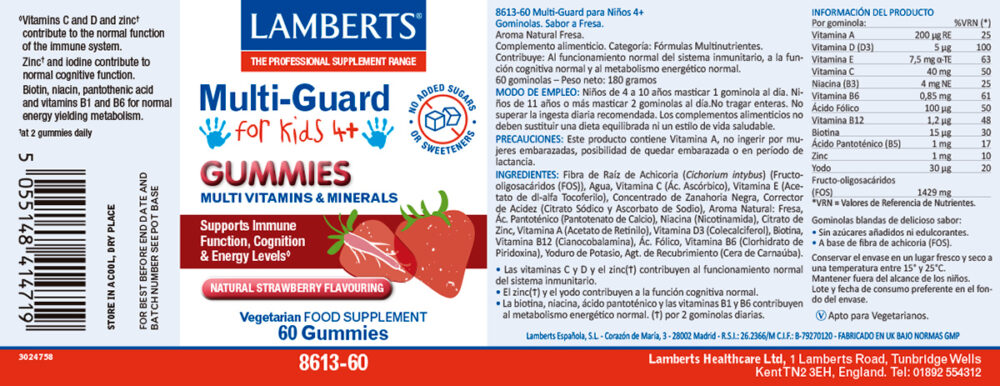Etiqueta del Multi Guard para niños en Gominolas Lamberts, con sus propiedades de incicaciones