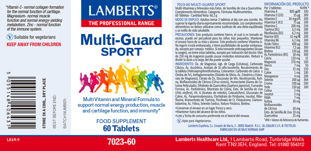 Etiqueta del Multiguard Sport lamberts con sus propiedades e indicaciones