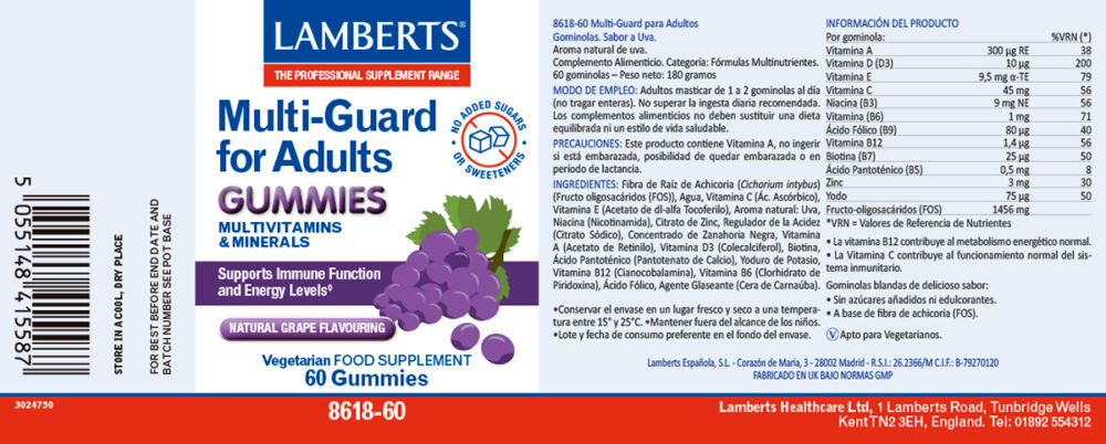 Etiqueta del multiguard para adultos en forma de gominola con sus propiedades e indicaciones
