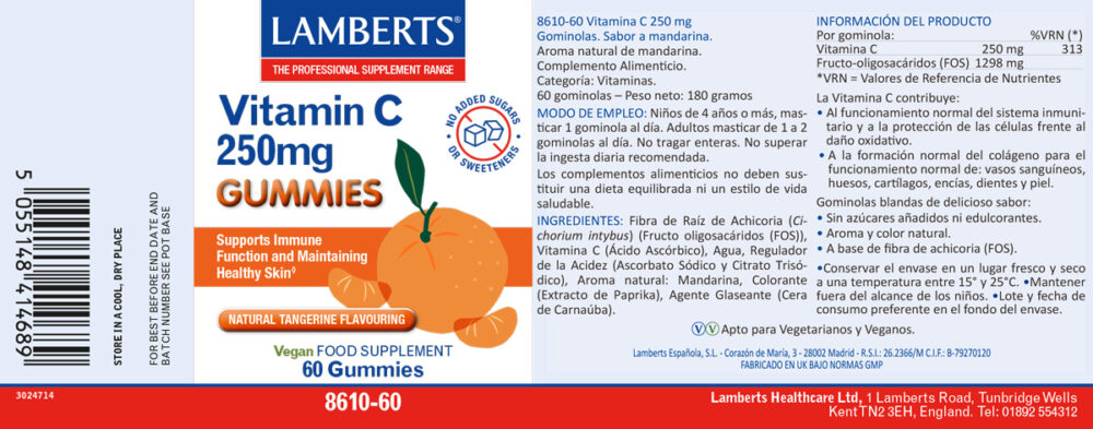 Etiqueta de la Vitamina C 250 mg en forma de gominola con sus propiedades e indicaciones